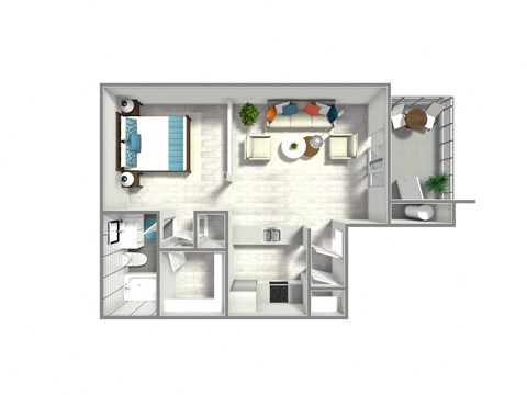 A 3D floor plan of a small apartment with a kitchen, living room, and bathroom.